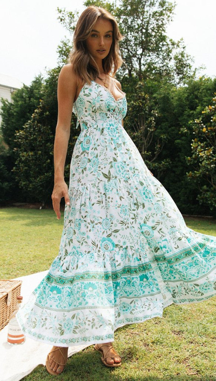 Damen V-Ausschnitt Positionierung Floral Maxikleid Rückenfreies Schnürkleid