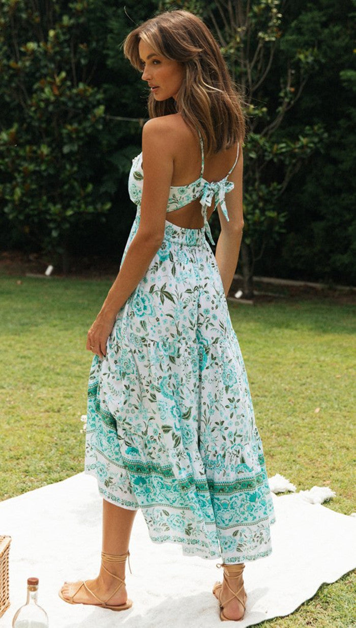 Damen V-Ausschnitt Positionierung Floral Maxikleid Rückenfreies Schnürkleid