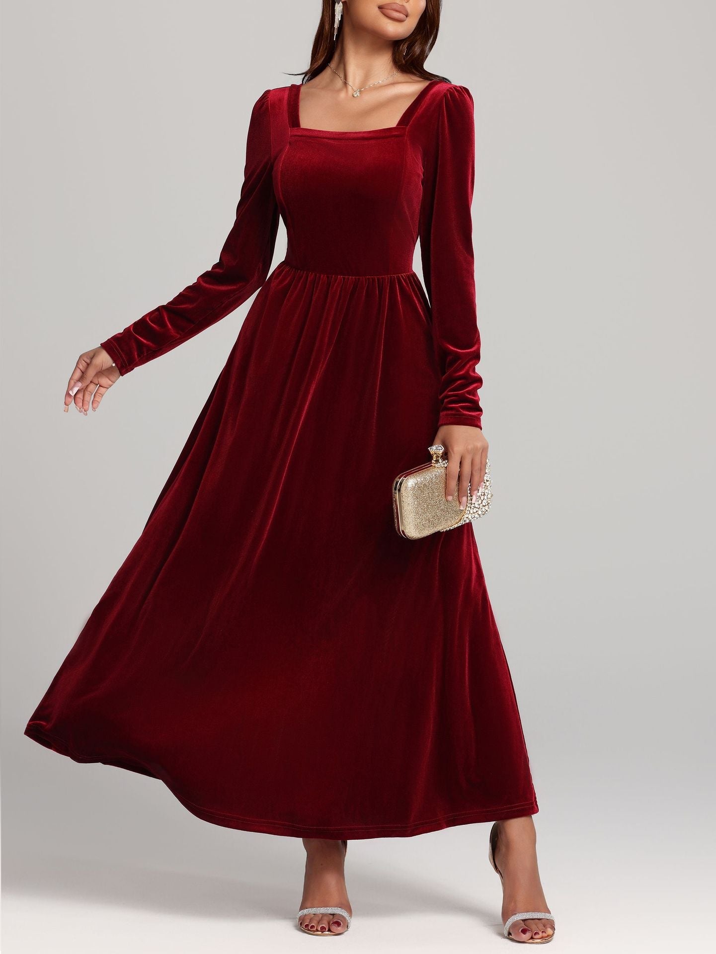 Herbst Winter Rotes Abend Maxikleid Pleuche Kleid