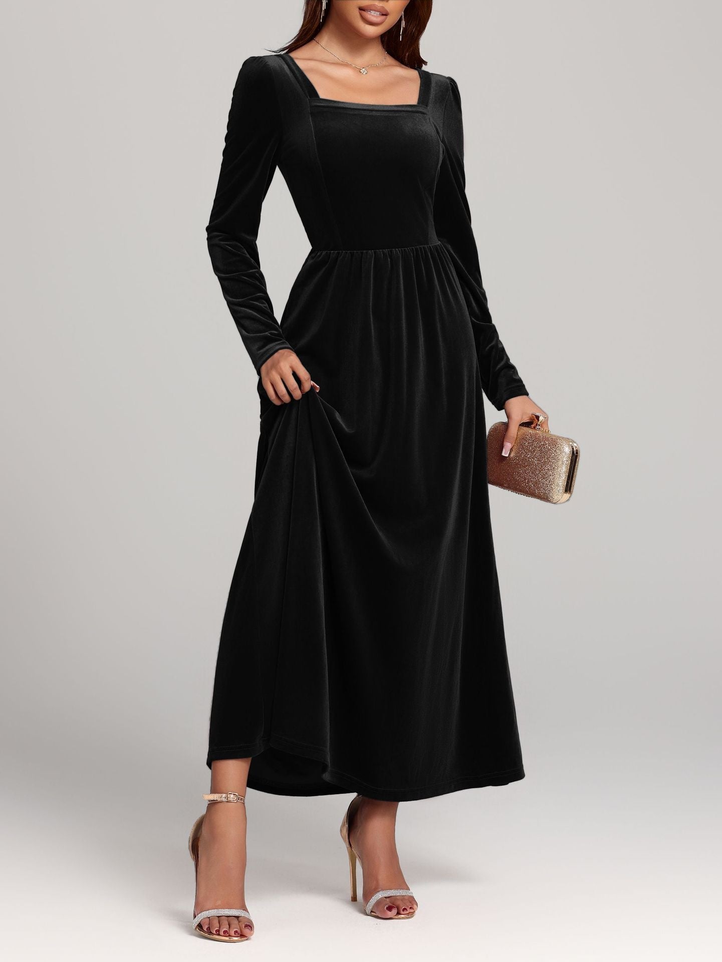 Herbst Winter Rotes Abend Maxikleid Pleuche Kleid