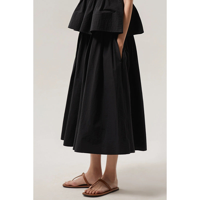 Woolen Cotton Tucker Pleats Sleeveless Bud Top Mid-length Dress Set
