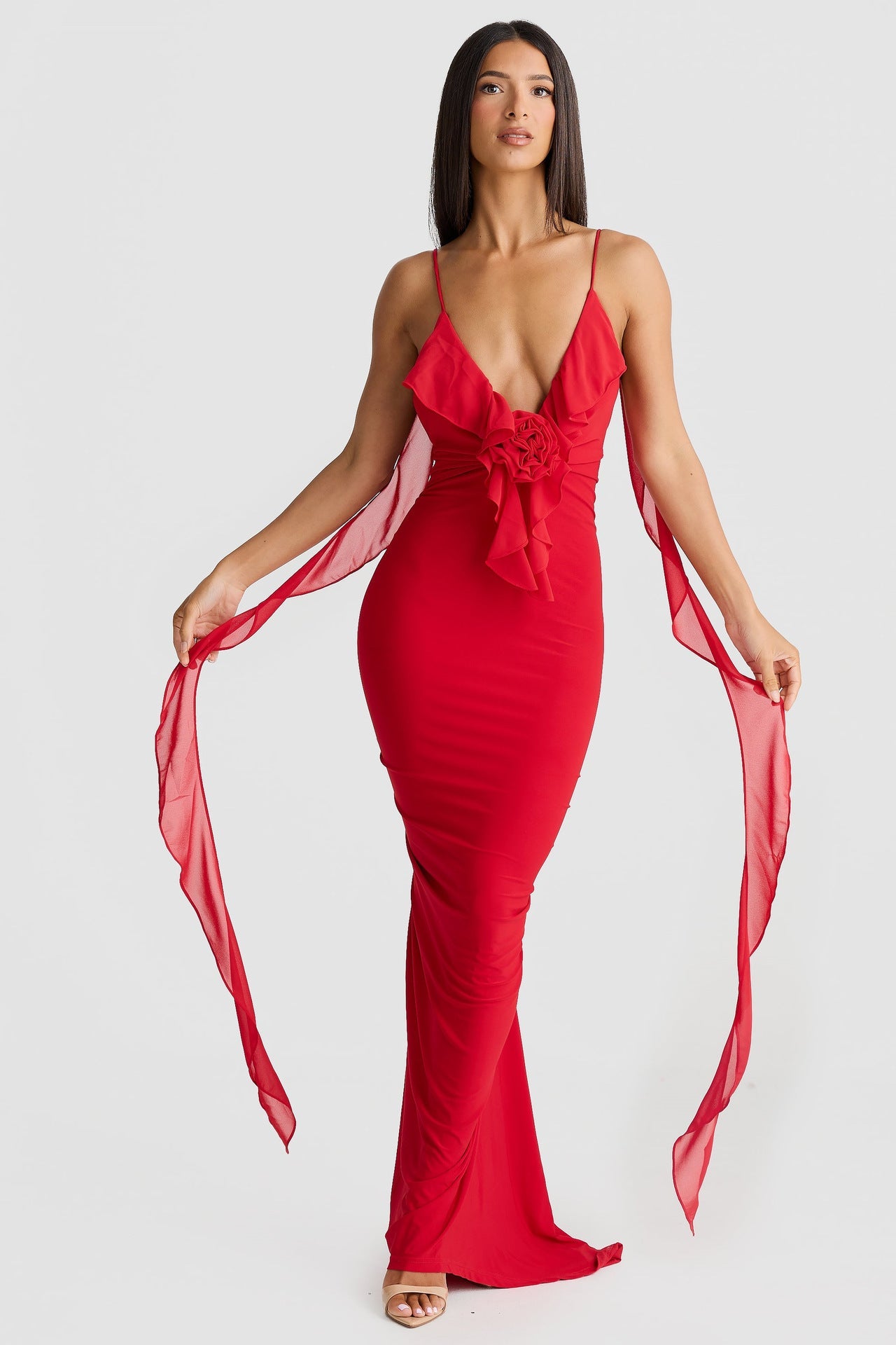 Damen Sommer Sexy Kleid V-Ausschnitt Rückenfrei Slim Fit Schultergurt Fischschwanz Abendkleid