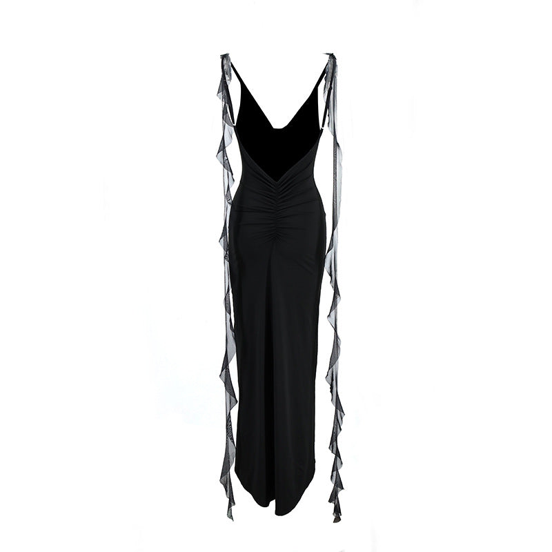 Damen Sommer Sexy Kleid V-Ausschnitt Rückenfrei Slim Fit Schultergurt Fischschwanz Abendkleid