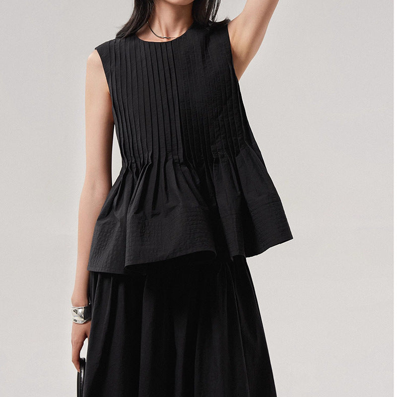 Woolen Cotton Tucker Pleats Sleeveless Bud Top Mid-length Dress Set