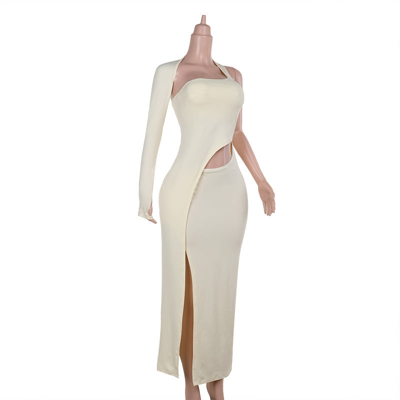 Herbst Elegante Sexy Design Aushöhlen Ausschnitt Single Sleeve Split Kleid Frauen