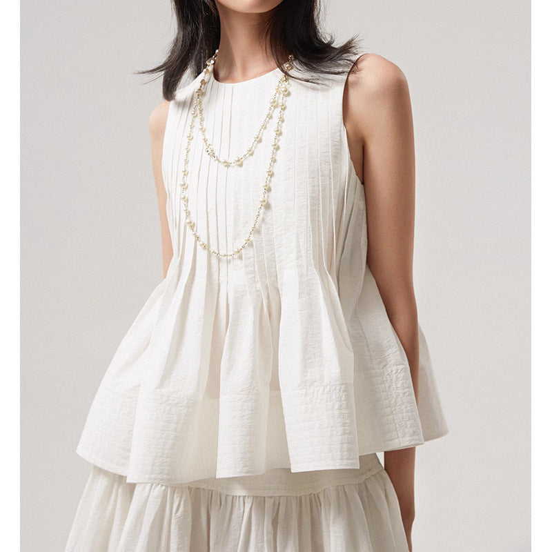 Woolen Cotton Tucker Pleats Sleeveless Bud Top Mid-length Dress Set