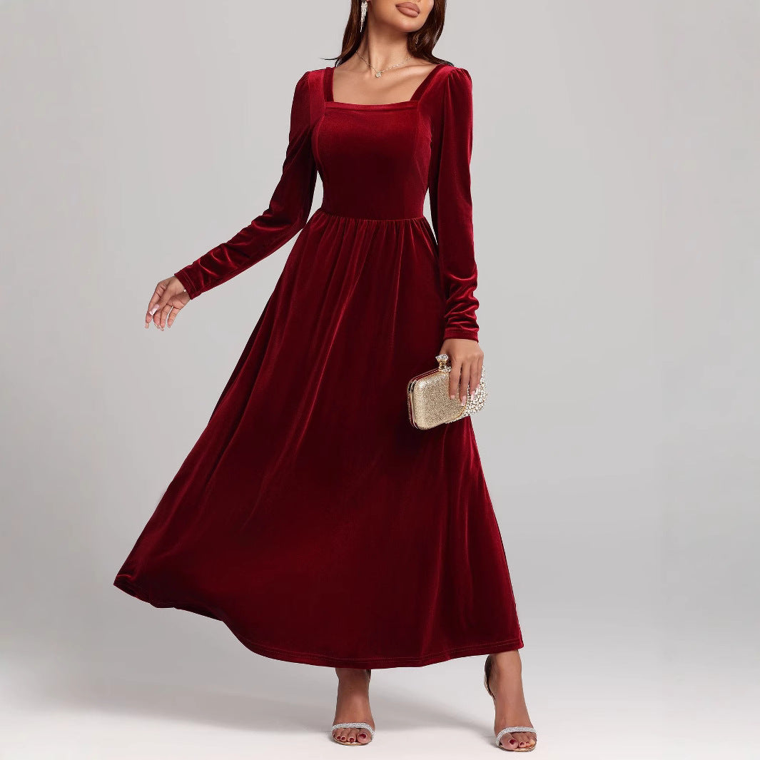 Herbst Winter Rotes Abend Maxikleid Pleuche Kleid