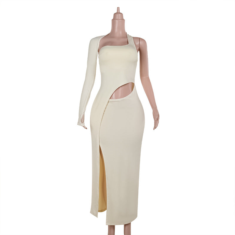 Herbst Elegante Sexy Design Aushöhlen Ausschnitt Single Sleeve Split Kleid Frauen