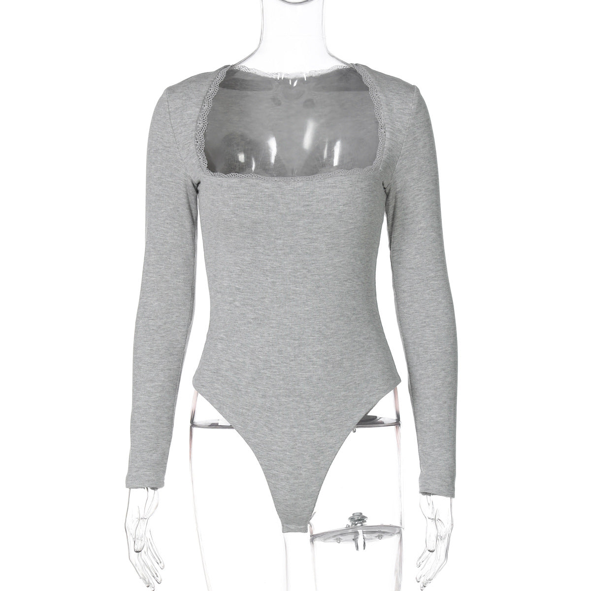 Women Clothing Winter Sexy Square Neck Lace Slim Fit Base Long Sleeve Jumpsuit