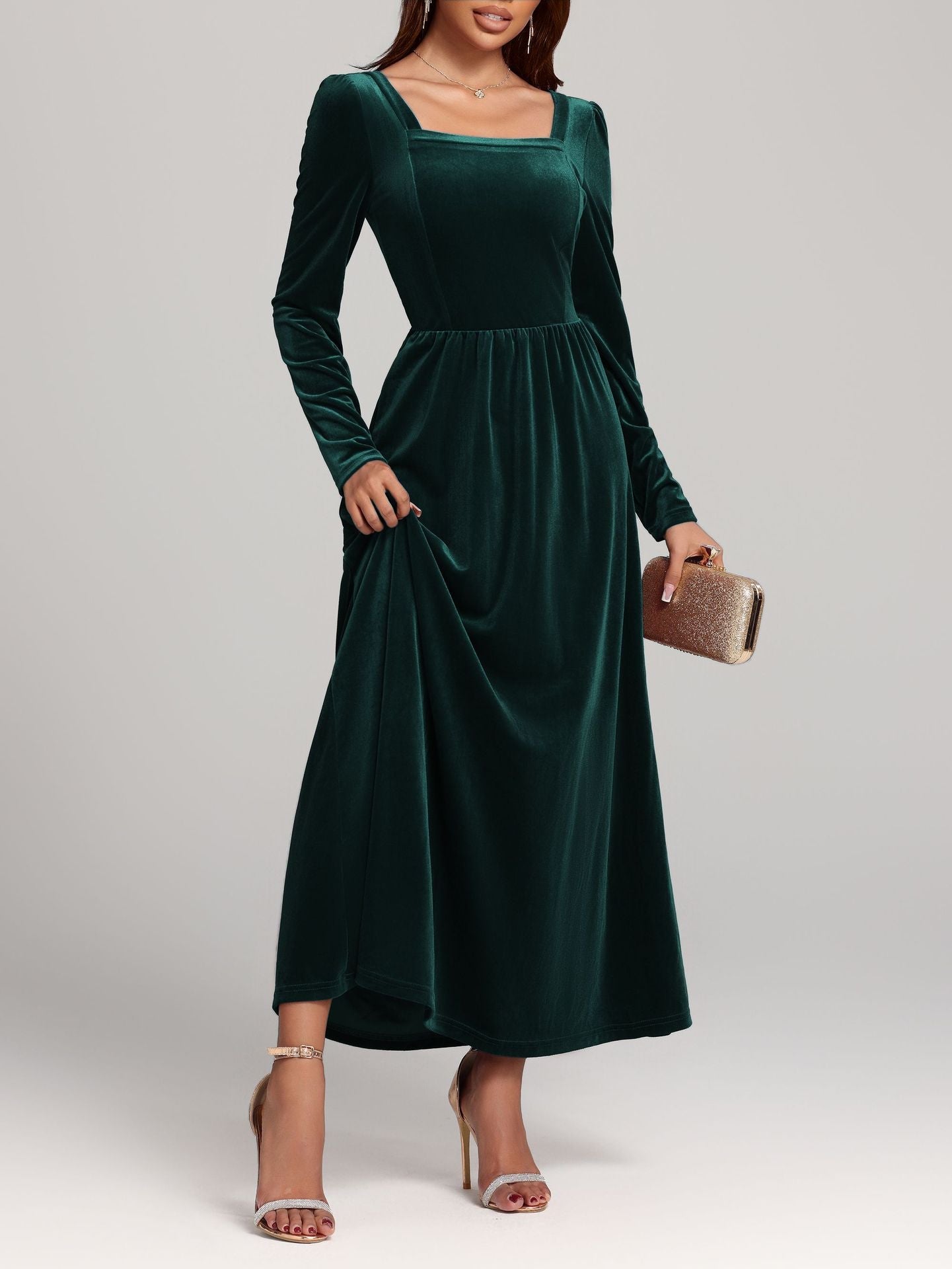Herbst Winter Rotes Abend Maxikleid Pleuche Kleid