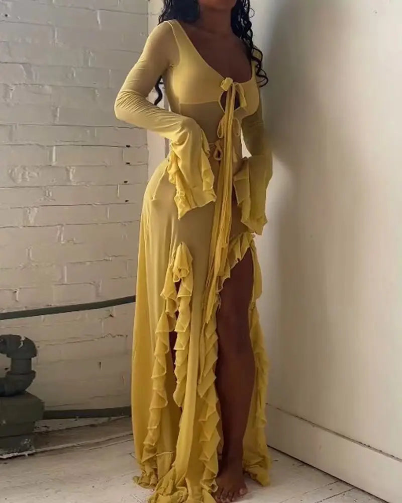 Summer Slim-Fit See-Through V-Neck Long Sleeve Dress