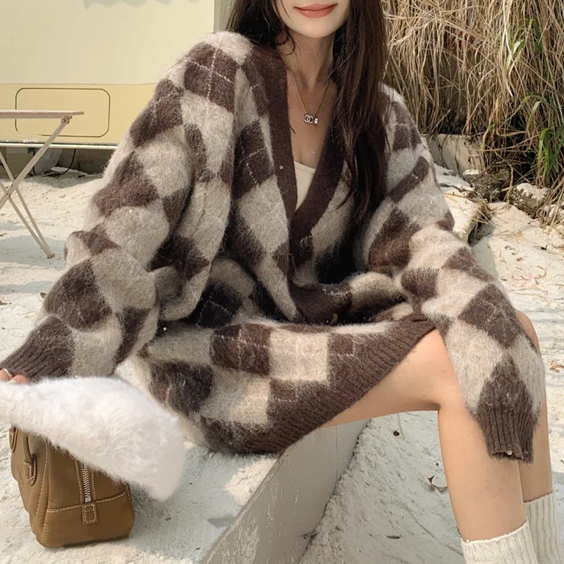 Long Wool Knitted Cardigan Top Women's Early Autumn Temperament Wild Loose Plaid Sweater Coat