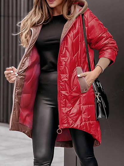 Women's Winter Solid Color Hooded Zipper Coat red