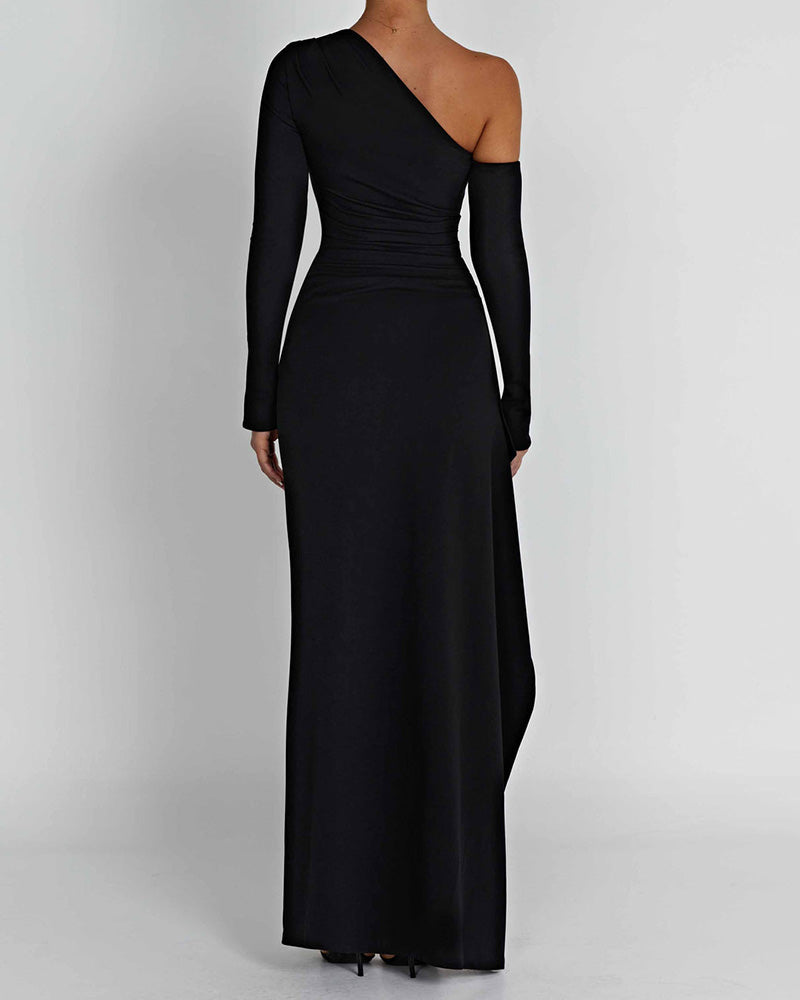 One Shoulder Strapless Long Sleeve Slit Dress