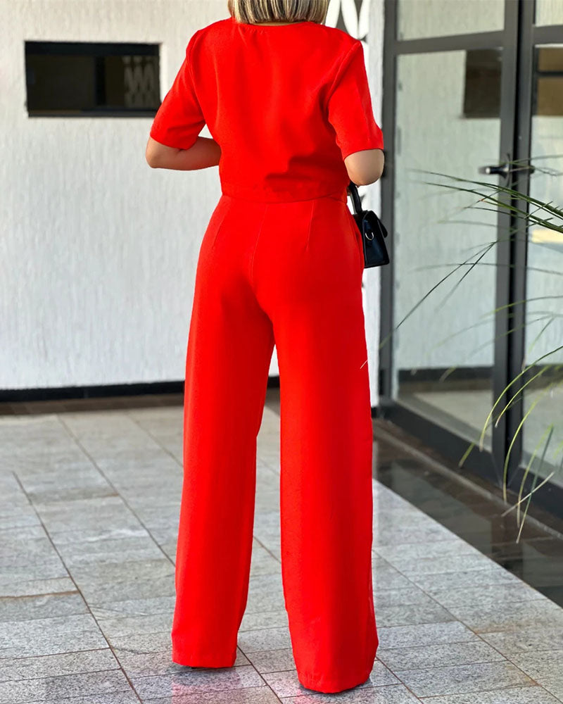 Round Neck Short Sleeve Top Trousers Solid Color Two-piece Suit