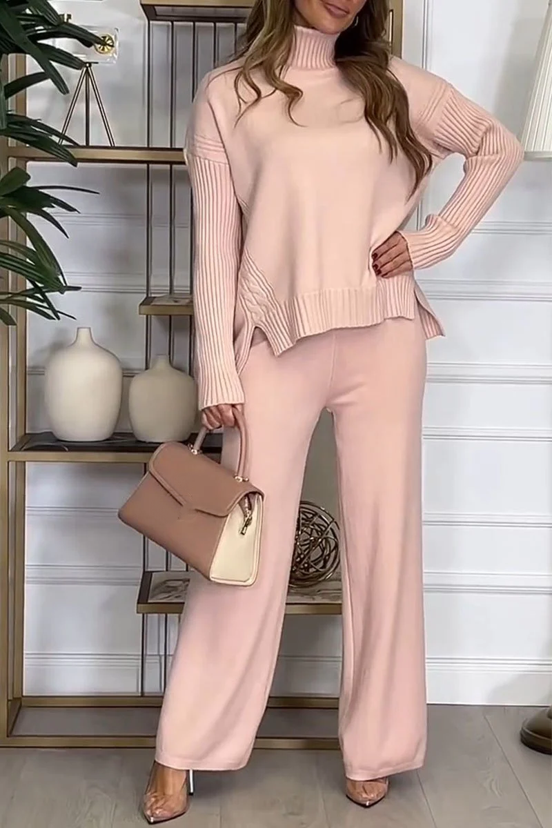 Women's Turtleneck Solid Color Sweater Two Piece Set pink