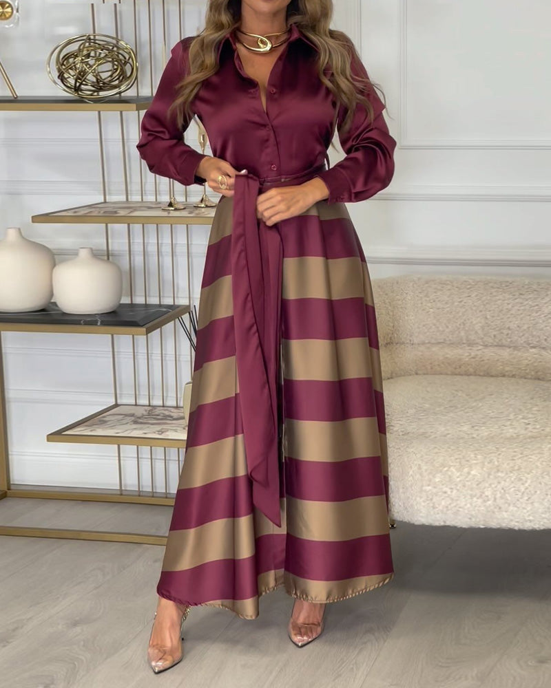 Lapel Long Sleeve Tie Dress