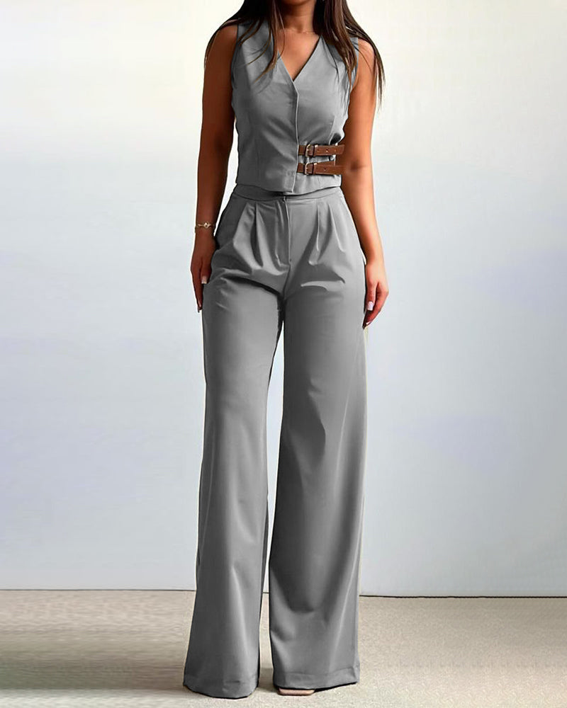 V-neck Patchwork Top and Pants Two-piece Suit