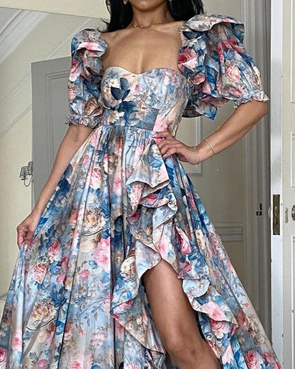 Elegant garden print slit dress