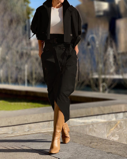 Long Sleeve Lapel Top and Skirt Two Piece Suit(raw edge design)