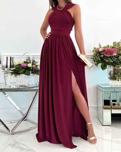 Sleeveless cross sexy open back slit dress