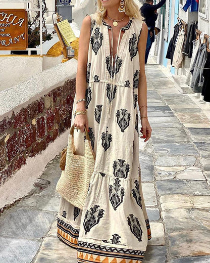 Elegant Sleeveless Mid Length Bohemian Print Dress