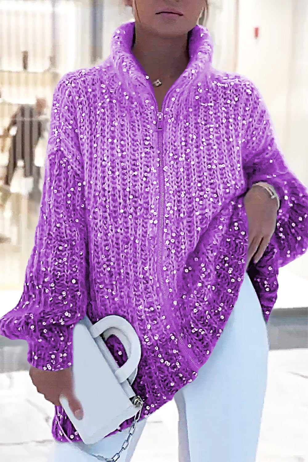 Women's Sparkling Sweater Cardigan Purple