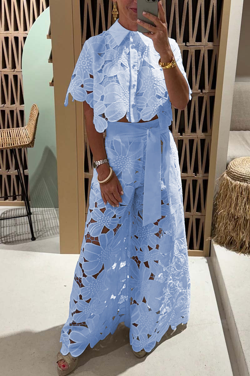 Women's casual lace blouse wide leg pants suit Blue