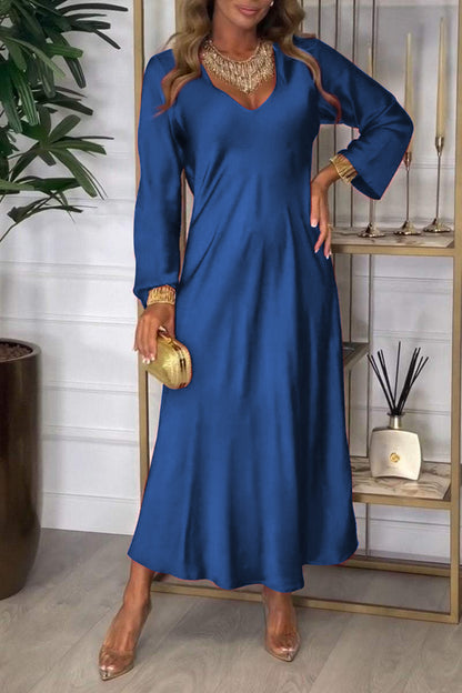 Women's V-neck Long-sleeved Satin Dress blue