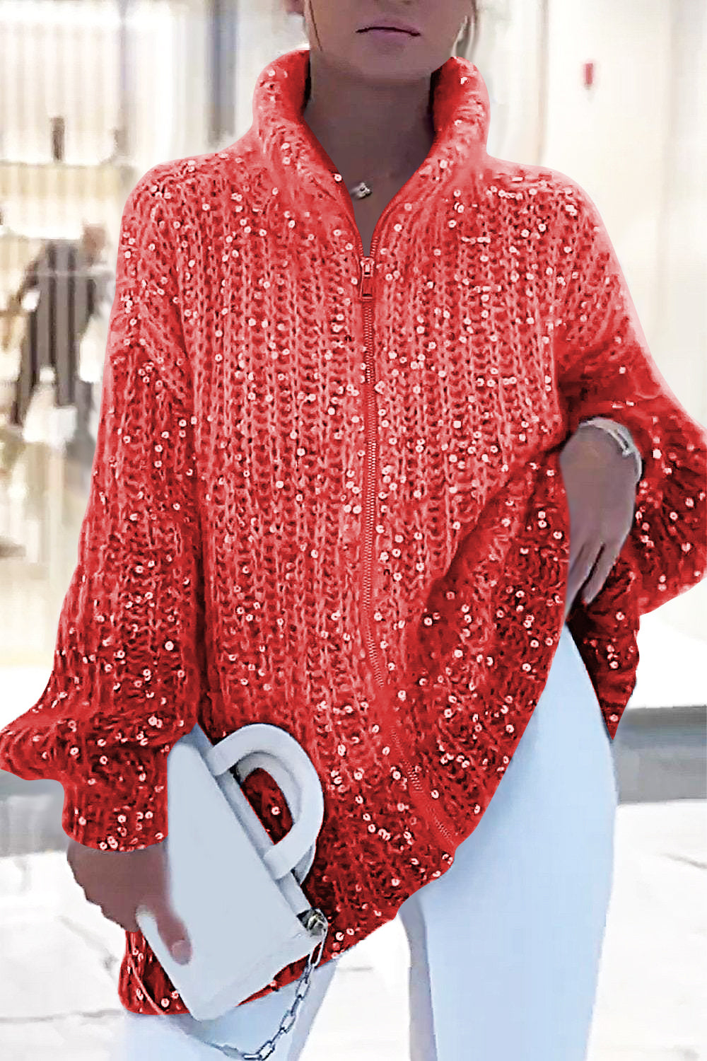 Women's Sparkling Sweater Cardigan Red