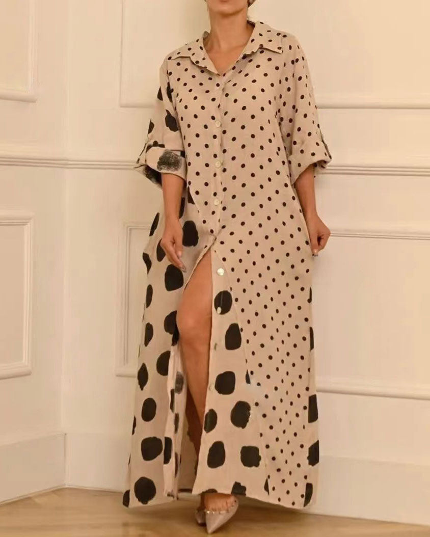 Robe chemise à imprimé pois et jupe évasée 