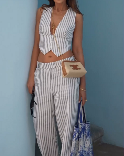 Striped Printed Top and Pants Two-piece Suit