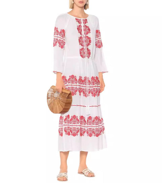 Damen Frühlings Maxikleid mit Stickerei und bedrucktem Knopf