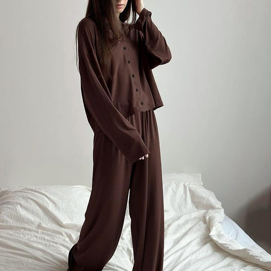 Autumn Winter Ladies Homewear Soft Comfortable Cardigan Long Sleeve Pants Thin Two Piece Suit Knitted