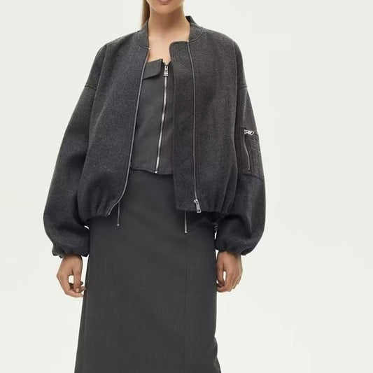 Women Clothing French Pocket Decoration Bomber Jacket Jacket