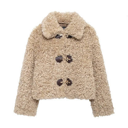 Women String Button Fleece Warm Short Overcoat Coat