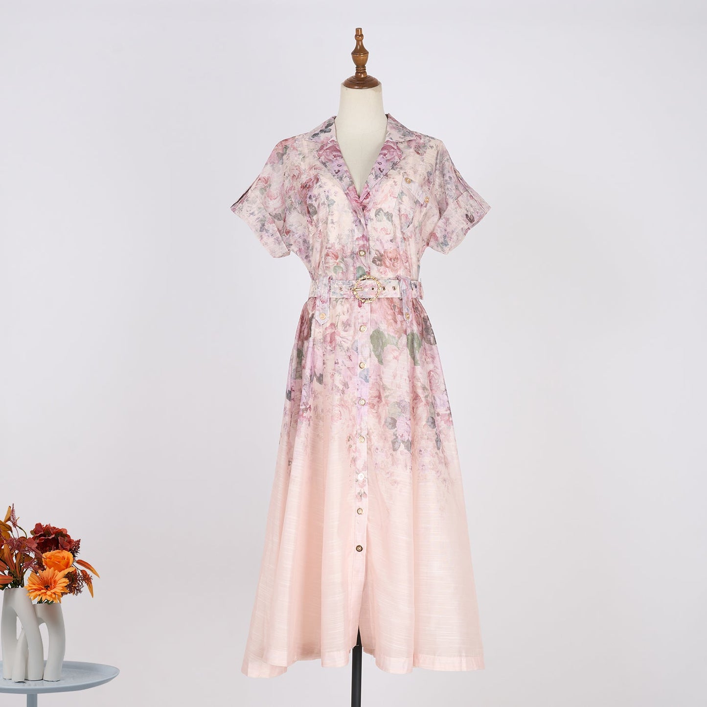Women Floral Stitching Button Street A dress Silk Linen Two Piece Dress