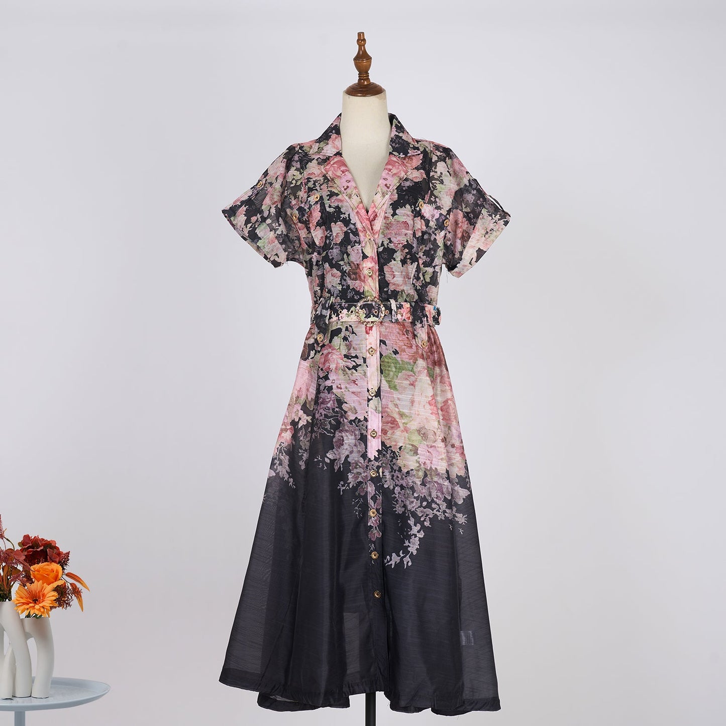 Women Floral Stitching Button Street A dress Silk Linen Two Piece Dress