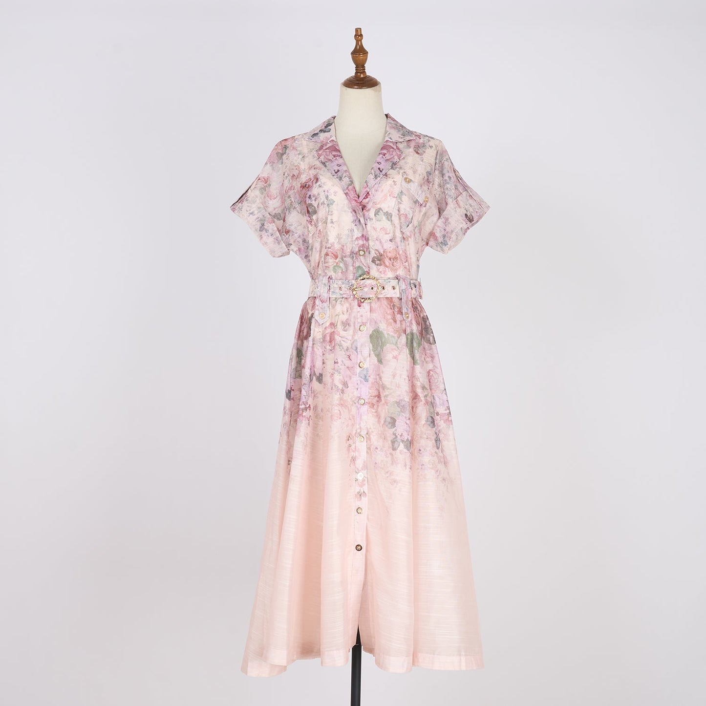 Women Floral Stitching Button Street A dress Silk Linen Two Piece Dress