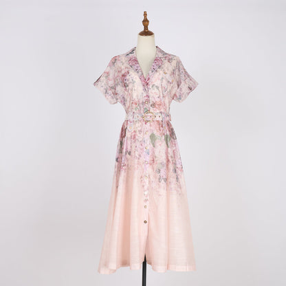 Women Floral Stitching Button Street A dress Silk Linen Two Piece Dress
