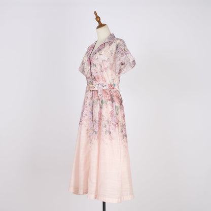 Women Floral Stitching Button Street A dress Silk Linen Two Piece Dress