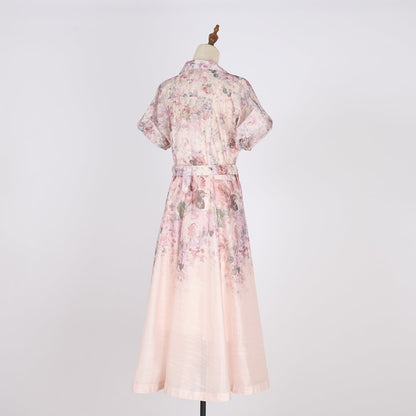 Women Floral Stitching Button Street A dress Silk Linen Two Piece Dress