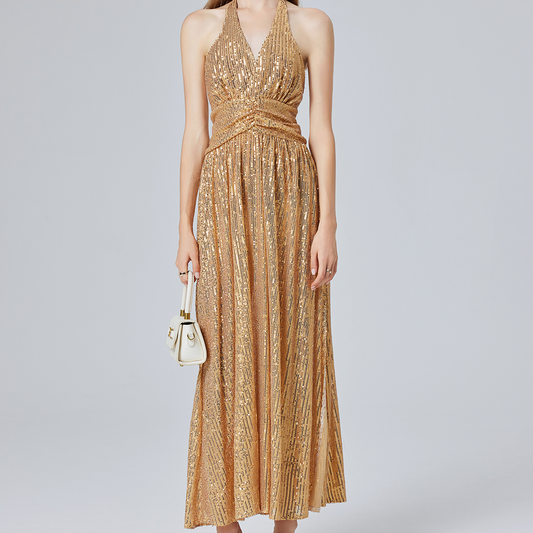 Sexy A-Linien-Kleid mit goldenen Pailletten und Neckholder, rückenfrei, geteilt, hohe Taille