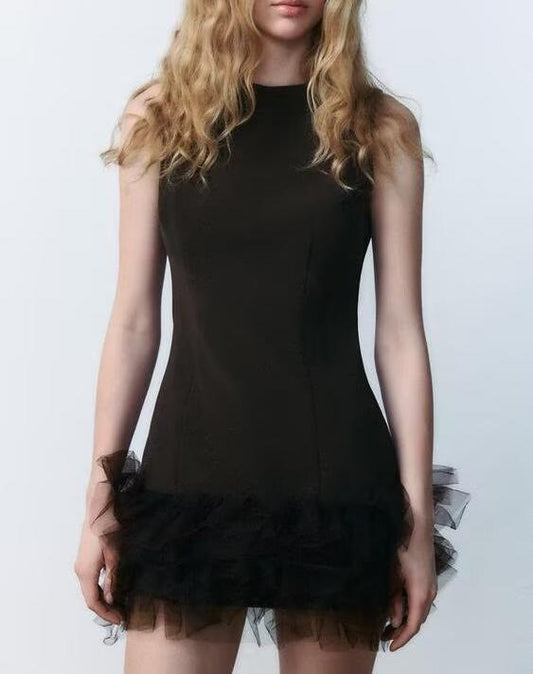 Women Silk Net Patchwork round Neck Jumpsuit Dress