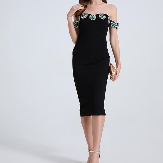 Damen Nail Diamond One Line Schulter Diamant Schmaler Schlitz Kleid