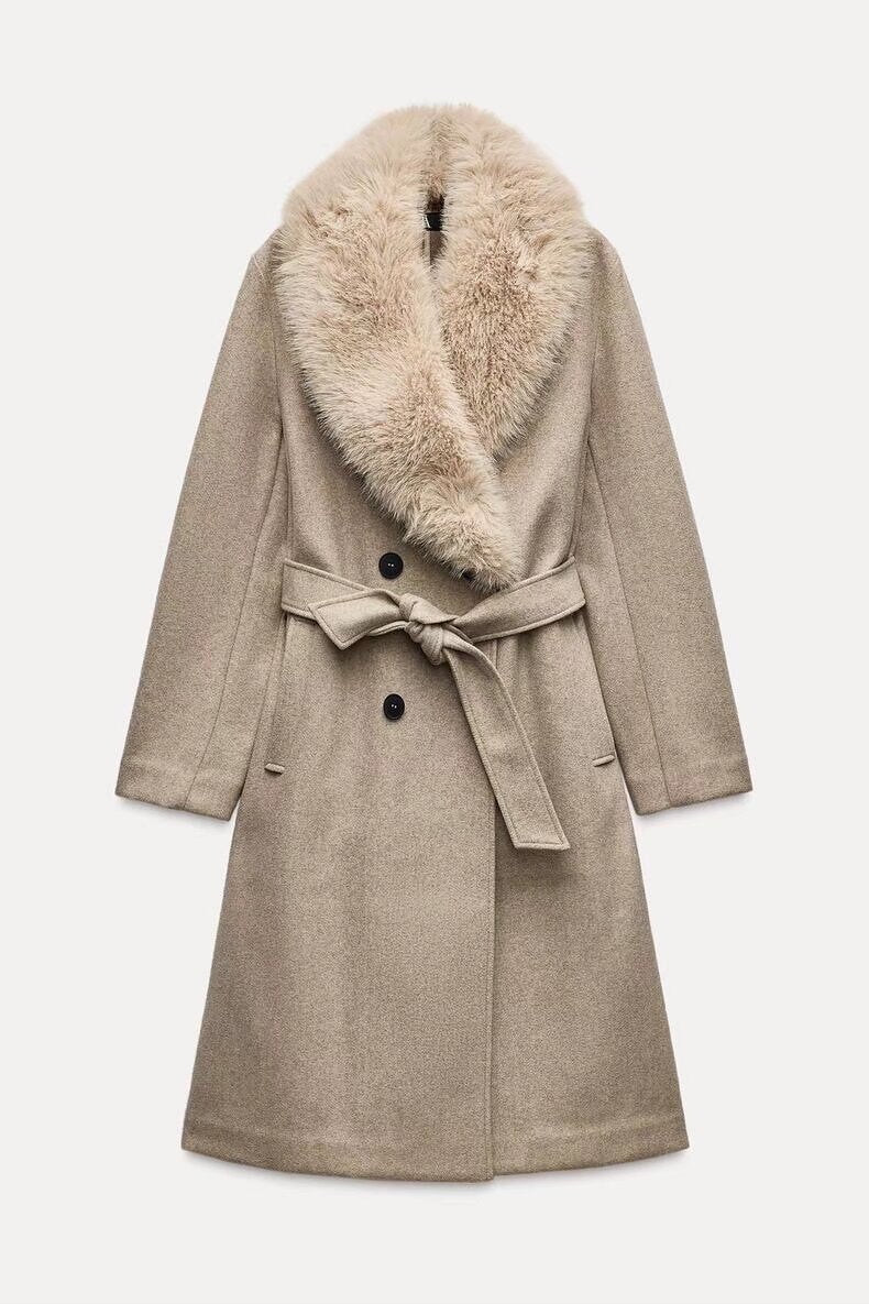 Women Clothing Artificial Fur with Belt Collared Coat Jacket
