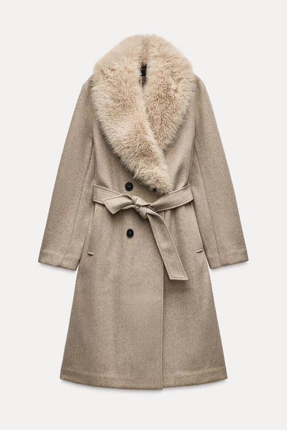 Women Clothing Artificial Fur with Belt Collared Coat Jacket