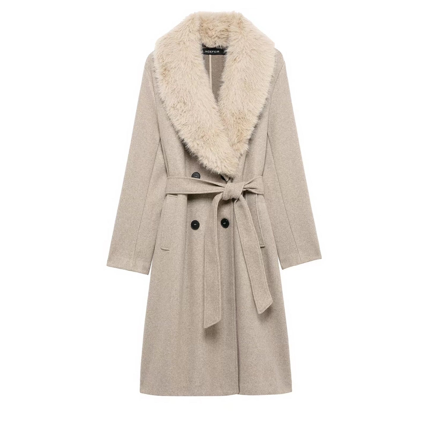 Women Clothing Artificial Fur with Belt Collared Coat Jacket