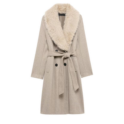 Women Clothing Artificial Fur with Belt Collared Coat Jacket