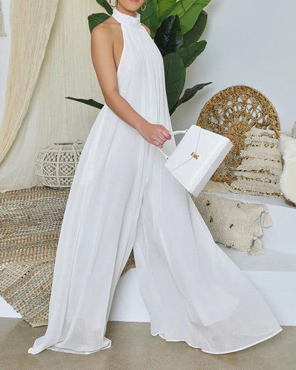 Fashion Casual Halter Pure Color Chiffon Halter Jumpsuit